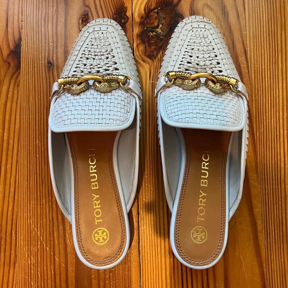 SOLD Jessa woven horsebit loafer mules in blue